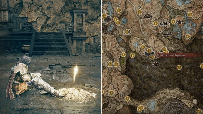 Two screenshots from Elden Ring: Shadow Of The Erdtree. Left: the player sits next to the Behind The Fort Of Reprimand Site Of Grace. Right: the location of that Site Of Grace on the map.