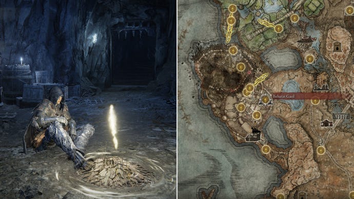 Two screenshots from Elden Ring: Shadow Of The Erdtree. Left: the player sits next to the Belurat Gaol Site Of Grace. Right: the location of that Site Of Grace on the map.