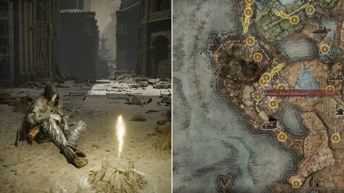 Two screenshots from Elden Ring: Shadow Of The Erdtree. Left: the player sits next to the Belurat Tower Settlement Site Of Grace. Right: the location of that Site Of Grace on the map.