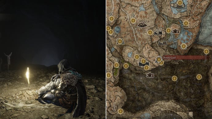 Two screenshots from Elden Ring: Shadow Of The Erdtree. Left: the player sits next to the Bonny Gaol Site Of Grace. Right: the location of that Site Of Grace on the map.