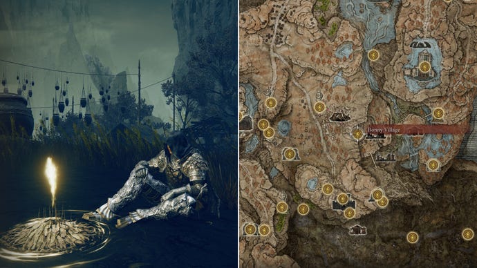 Two screenshots from Elden Ring: Shadow Of The Erdtree. Left: the player sits next to the Bonny Village Site Of Grace. Right: the location of that Site Of Grace on the map.