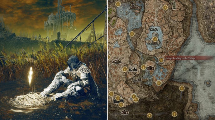 Two screenshots from Elden Ring: Shadow Of The Erdtree. Left: the player sits next to the Bridge Leading To The Village Site Of Grace. Right: the location of that Site Of Grace on the map.