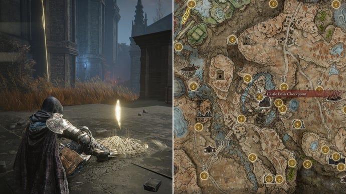 Two screenshots from Elden Ring: Shadow Of The Erdtree. Left: the player sits next to the Castle Ensis Checkpoint Site Of Grace. Right: the location of that Site Of Grace on the map.