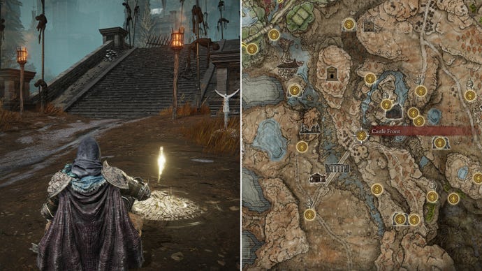 Two screenshots from Elden Ring: Shadow Of The Erdtree. Left: the player sits next to the Castle Front Site Of Grace. Right: the location of that Site Of Grace on the map.