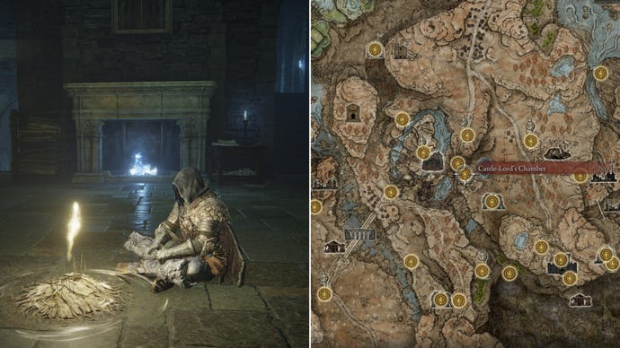 Two screenshots from Elden Ring: Shadow Of The Erdtree. Left: the player sits next to the Castle Lord's Chamber Site Of Grace. Right: the location of that Site Of Grace on the map.