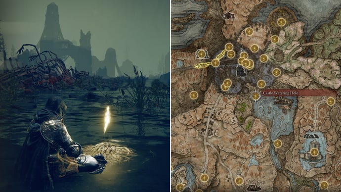 Two screenshots from Elden Ring: Shadow Of The Erdtree. Left: the player sits next to the Castle Watering Hole Site Of Grace. Right: the location of that Site Of Grace on the map.