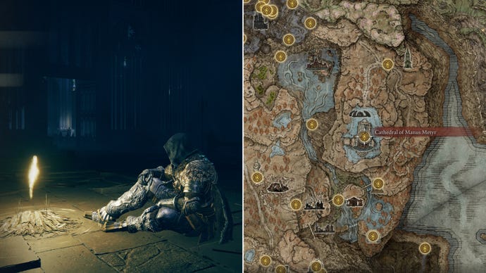 Two screenshots from Elden Ring: Shadow Of The Erdtree. Left: the player sits next to the Cathedral Of Manus Metyr Site Of Grace. Right: the location of that Site Of Grace on the map.