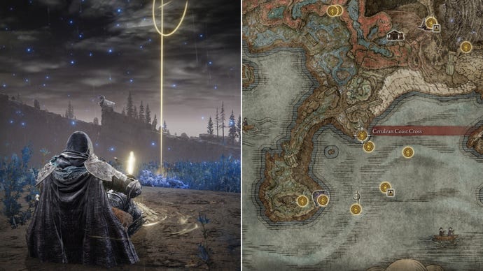 Two screenshots from Elden Ring: Shadow Of The Erdtree. Left: the player sits next to the Cerulean Coast Cross Site Of Grace. Right: the location of that Site Of Grace on the map.