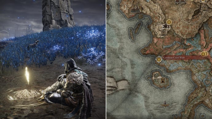 Two screenshots from Elden Ring: Shadow Of The Erdtree. Left: the player sits next to the Cerulean Coast West Site Of Grace. Right: the location of that Site Of Grace on the map.