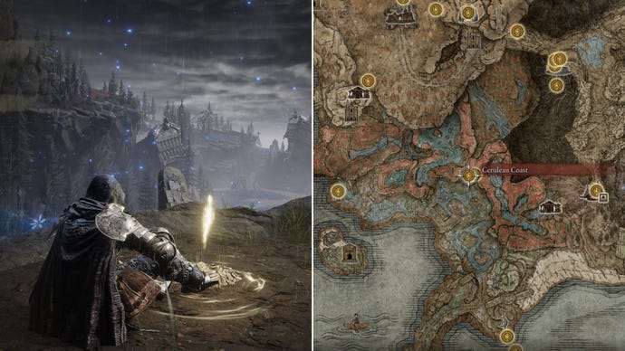 Two screenshots from Elden Ring: Shadow Of The Erdtree. Left: the player sits next to the Cerulean Coast Site Of Grace. Right: the location of that Site Of Grace on the map.