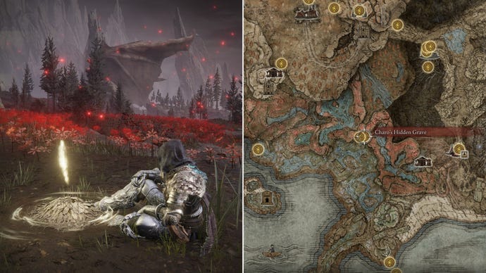 Two screenshots from Elden Ring: Shadow Of The Erdtree. Left: the player sits next to Charo's Hidden Grave Site Of Grace. Right: the location of that Site Of Grace on the map.