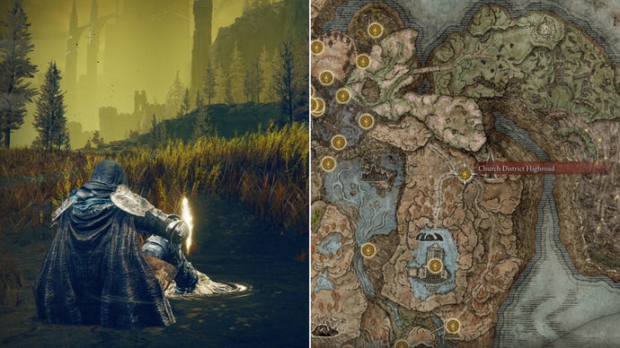 Two screenshots from Elden Ring: Shadow Of The Erdtree. Left: the player sits next to the Church District Highroad Site Of Grace. Right: the location of that Site Of Grace on the map.