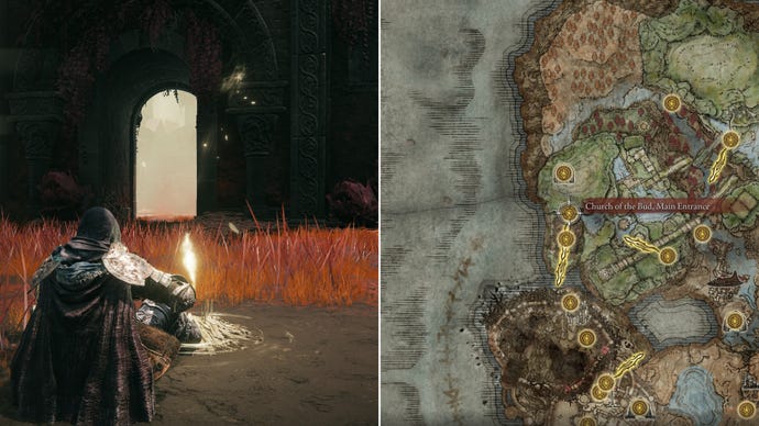 Two screenshots from Elden Ring: Shadow Of The Erdtree. Left: the player sits next to the Church Of The Bud Main Entrance Site Of Grace. Right: the location of that Site Of Grace on the map.