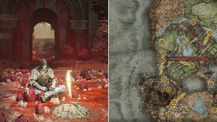 Two screenshots from Elden Ring: Shadow Of The Erdtree. Left: the player sits next to the Church Of The Bud Site Of Grace. Right: the location of that Site Of Grace on the map.