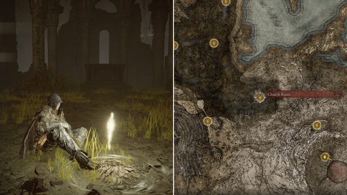 Two screenshots from Elden Ring: Shadow Of The Erdtree. Left: the player sits next to the Church Ruins Site Of Grace. Right: the location of that Site Of Grace on the map.