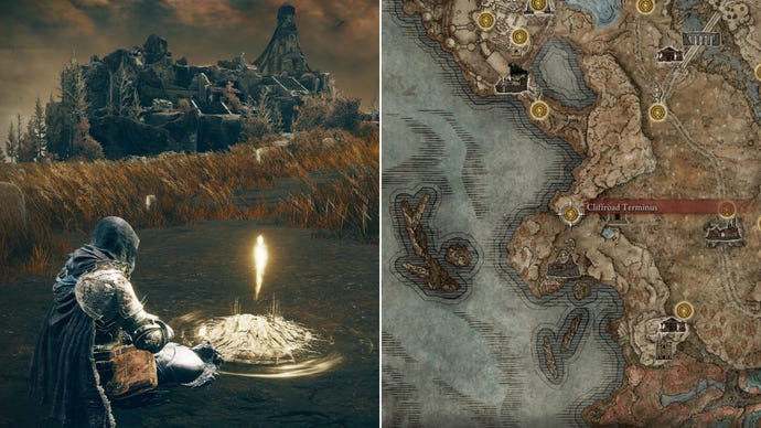 Two screenshots from Elden Ring: Shadow Of The Erdtree. Left: the player sits next to the Cliffroad Terminus Site Of Grace. Right: the location of that Site Of Grace on the map.