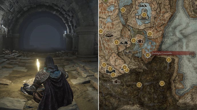 Two screenshots from Elden Ring: Shadow Of The Erdtree. Left: the player sits next to the Darklight Catacombs Site Of Grace. Right: the location of that Site Of Grace on the map.