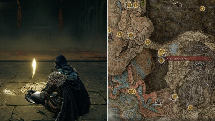 Two screenshots from Elden Ring: Shadow Of The Erdtree. Left: the player sits next to the Discussion Chamber Site Of Grace. Right: the location of that Site Of Grace on the map.