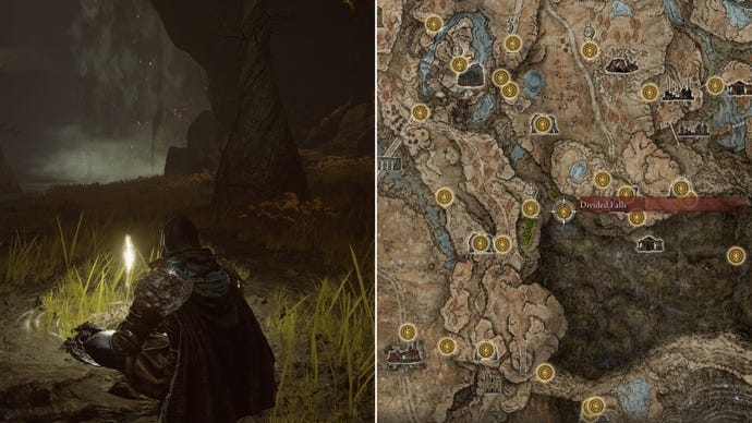 Two screenshots from Elden Ring: Shadow Of The Erdtree. Left: the player sits next to the Divided Falls Site Of Grace. Right: the location of that Site Of Grace on the map.