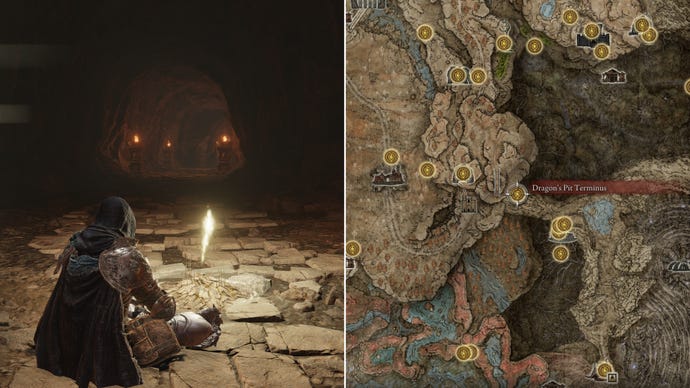 Two screenshots from Elden Ring: Shadow Of The Erdtree. Left: the player sits next to the Dragon's Pit Terminus Site Of Grace. Right: the location of that Site Of Grace on the map.