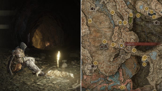 Two screenshots from Elden Ring: Shadow Of The Erdtree. Left: the player sits next to the Dragon's Pit Site Of Grace. Right: the location of that Site Of Grace on the map.