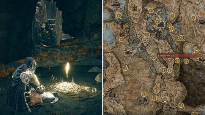 Two screenshots from Elden Ring: Shadow Of The Erdtree. Left: the player sits next to the Ellac River Cave Site Of Grace. Right: the location of that Site Of Grace on the map.