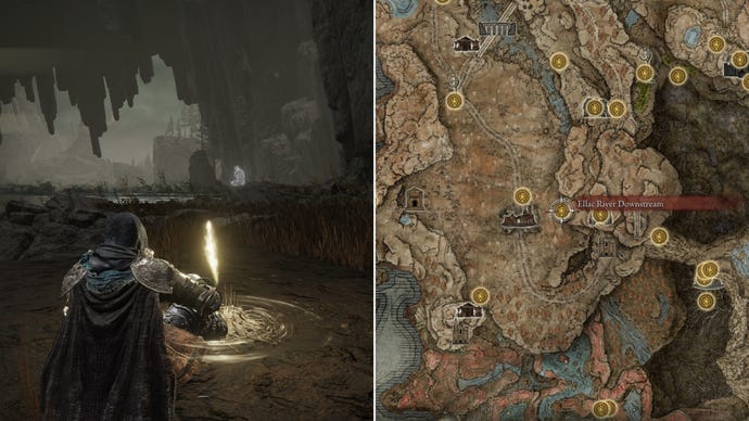 Two screenshots from Elden Ring: Shadow Of The Erdtree. Left: the player sits next to the Ellac River Downstream Site Of Grace. Right: the location of that Site Of Grace on the map.