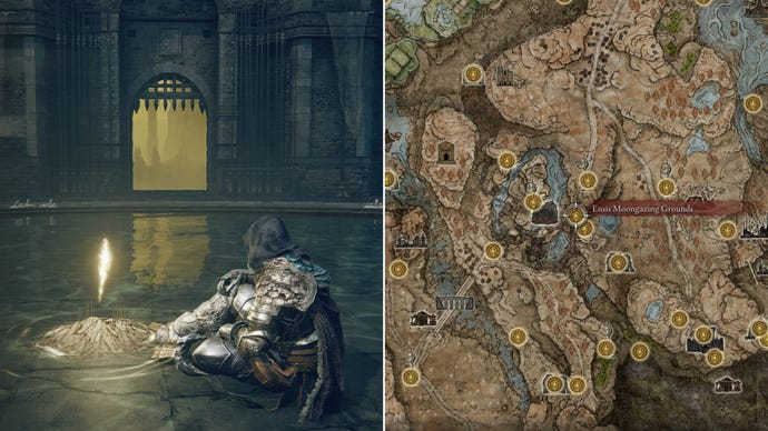 Two screenshots from Elden Ring: Shadow Of The Erdtree. Left: the player sits next to the Ensis Moongazing Grounds Site Of Grace. Right: the location of that Site Of Grace on the map.