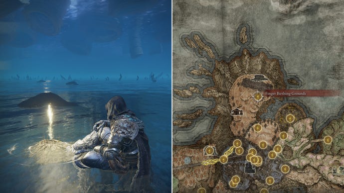 Two screenshots from Elden Ring: Shadow Of The Erdtree. Left: the player sits next to the Finger Birthing Grounds Site Of Grace. Right: the location of that Site Of Grace on the map.