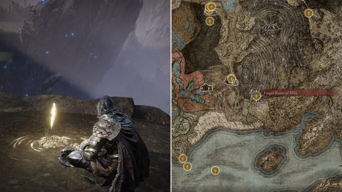 Two screenshots from Elden Ring: Shadow Of The Erdtree. Left: the player sits next to Finger Ruins Of Rhia Site Of Grace. Right: the location of that Site Of Grace on the map.