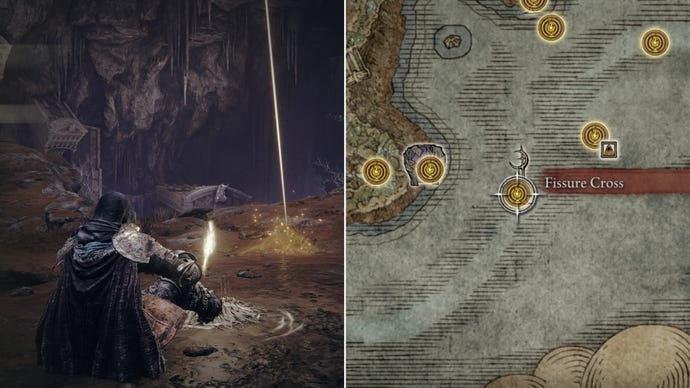 Two screenshots from Elden Ring: Shadow Of The Erdtree. Left: the player sits next to the Fissure Cross Site Of Grace. Right: the location of that Site Of Grace on the map.