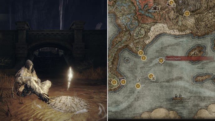 Two screenshots from Elden Ring: Shadow Of The Erdtree. Left: the player sits next to the Fissure Depths Site Of Grace. Right: the location of that Site Of Grace on the map.