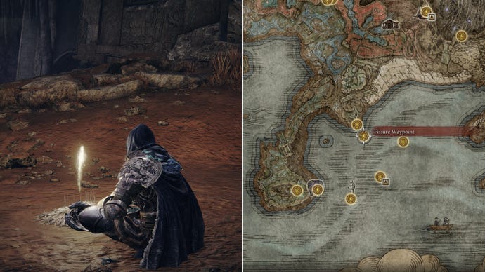 Two screenshots from Elden Ring: Shadow Of The Erdtree. Left: the player sits next to the Fissure Waypoint Site Of Grace. Right: the location of that Site Of Grace on the map.