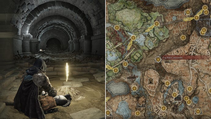 Two screenshots from Elden Ring: Shadow Of The Erdtree. Left: the player sits next to the Fog Rift Catacombs Site Of Grace. Right: the location of that Site Of Grace on the map.