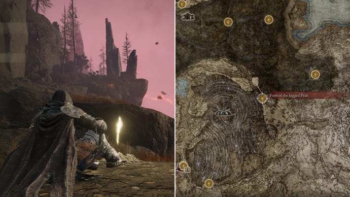 Two screenshots from Elden Ring: Shadow Of The Erdtree. Left: the player sits next to the Foot Of The Jagged Peak Site Of Grace. Right: the location of that Site Of Grace on the map.