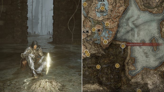 Two screenshots from Elden Ring: Shadow Of The Erdtree. Left: the player sits next to the Forsaken Graveyard Site Of Grace. Right: the location of that Site Of Grace on the map.