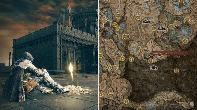 Two screenshots from Elden Ring: Shadow Of The Erdtree. Left: the player sits next to the Fort Of Reprimand Site Of Grace. Right: the location of that Site Of Grace on the map.