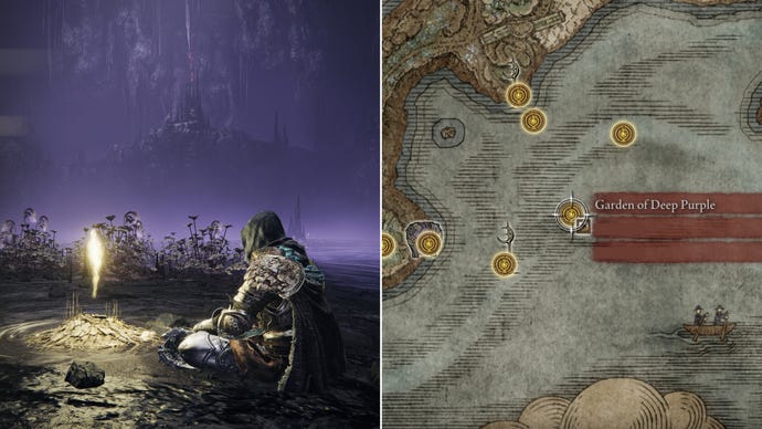 Two screenshots from Elden Ring: Shadow Of The Erdtree. Left: the player sits next to the Garden Of Deep Purple Site Of Grace. Right: the location of that Site Of Grace on the map.