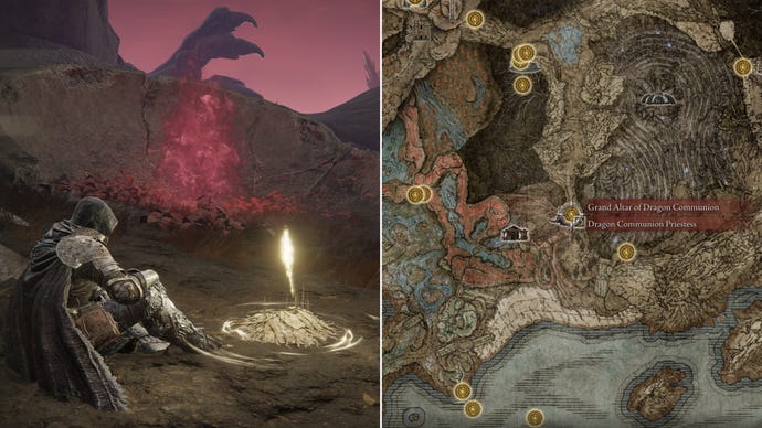 Two screenshots from Elden Ring: Shadow Of The Erdtree. Left: the player sits next to Grand Altar Of Dragon Communion Site Of Grace. Right: the location of that Site Of Grace on the map.