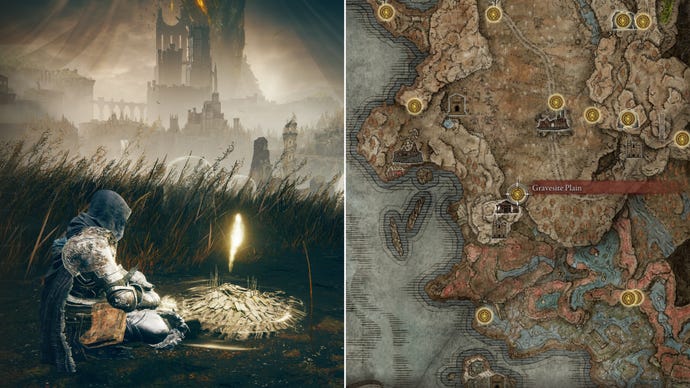 Two screenshots from Elden Ring: Shadow Of The Erdtree. Left: the player sits next to the Gravesite Plain Site Of Grace. Right: the location of that Site Of Grace on the map.