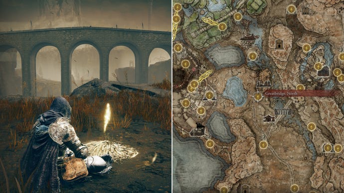 Two screenshots from Elden Ring: Shadow Of The Erdtree. Left: the player sits next to the Greatbridge North Site Of Grace. Right: the location of that Site Of Grace on the map.