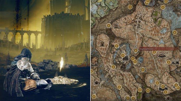 Two screenshots from Elden Ring: Shadow Of The Erdtree. Left: the player sits next to Highroad Cross Site Of Grace. Right: the location of that Site Of Grace on the map.