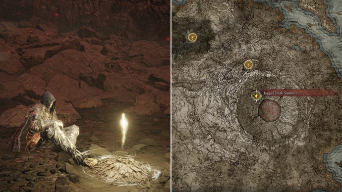 Two screenshots from Elden Ring: Shadow Of The Erdtree. Left: the player sits next to the Jagged Peak Summit Site Of Grace. Right: the location of that Site Of Grace on the map.