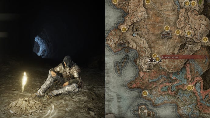 Two screenshots from Elden Ring: Shadow Of The Erdtree. Left: the player sits next to the Lamenter's Gaol Site Of Grace. Right: the location of that Site Of Grace on the map.