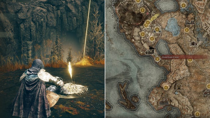 Two screenshots from Elden Ring: Shadow Of The Erdtree. Left: the player sits next to the Main Gate Cross Site Of Grace. Right: the location of that Site Of Grace on the map.