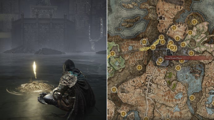 Two screenshots from Elden Ring: Shadow Of The Erdtree. Left: the player sits next to the Main Gate Plaza Site Of Grace. Right: the location of that Site Of Grace on the map.