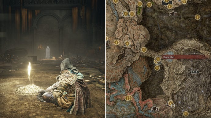 Two screenshots from Elden Ring: Shadow Of The Erdtree. Left: the player sits next to the Manse Hall Site Of Grace. Right: the location of that Site Of Grace on the map.