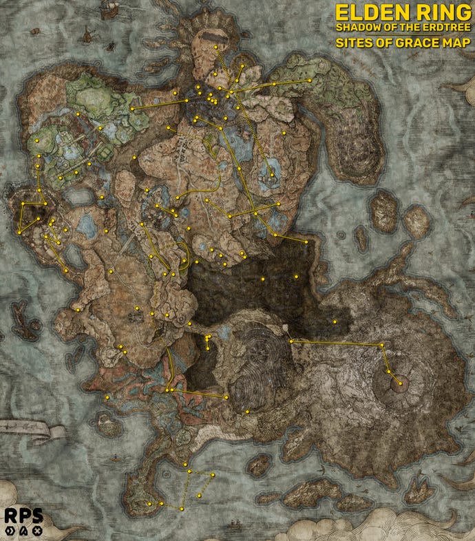 A full map of The Land Of Shadow in Elden Ring: Shadow Of The Erdtree, with the location of all Sites Of Grace marked in yellow, and lines guiding players through the more obscure paths.