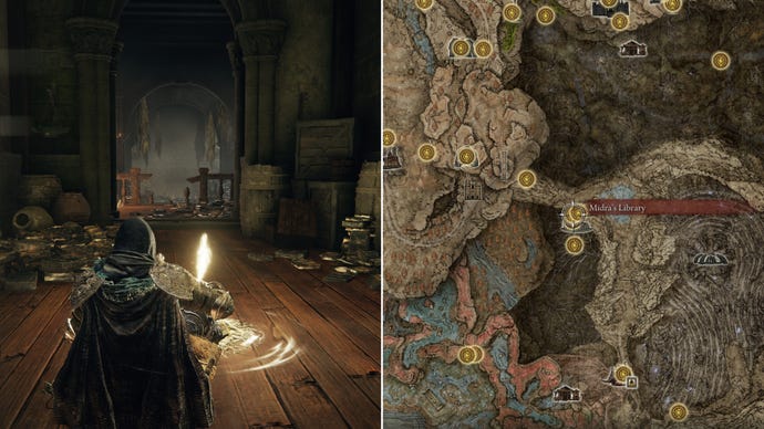 Two screenshots from Elden Ring: Shadow Of The Erdtree. Left: the player sits next to the Midra's Library Site Of Grace. Right: the location of that Site Of Grace on the map.