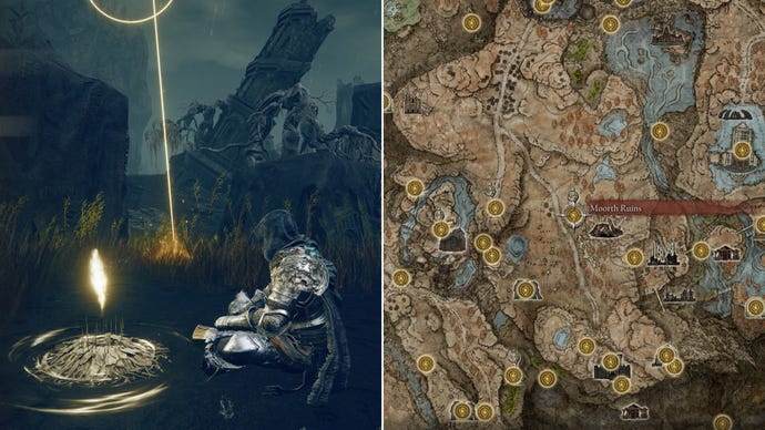 Two screenshots from Elden Ring: Shadow Of The Erdtree. Left: the player sits next to Moorth Ruins Site Of Grace. Right: the location of that Site Of Grace on the map.